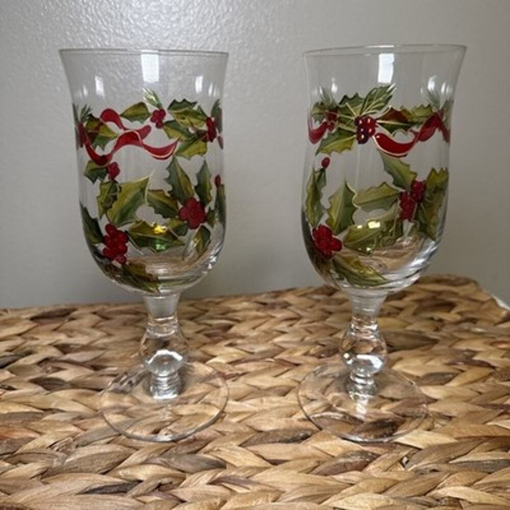 Vintage Christmas Holly Berry Ribbon Stemmed Water Goblets Hand Painted Set of 2